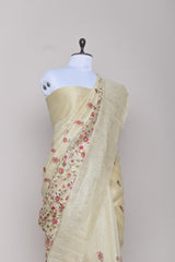 Pastel Yellow Embroidered Linen Silk Saree - Chinaya Banaras