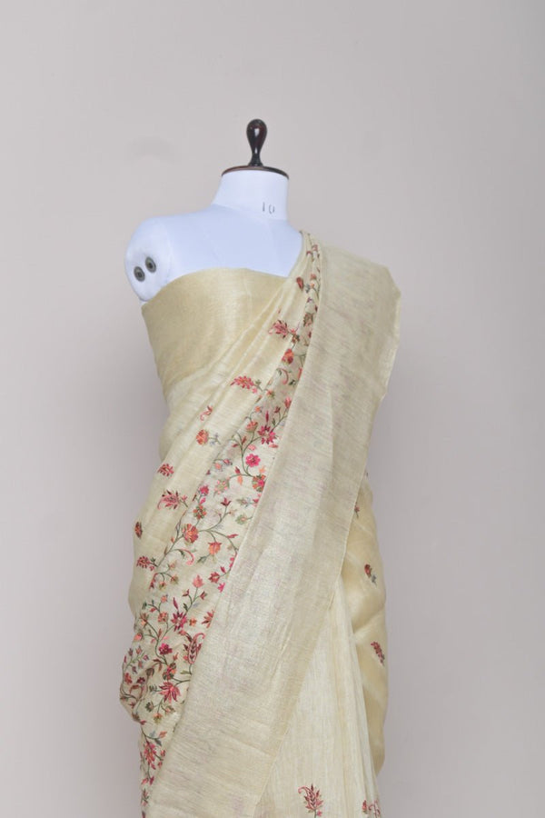 Pastel Yellow Embroidered Linen Silk Saree - Chinaya Banaras