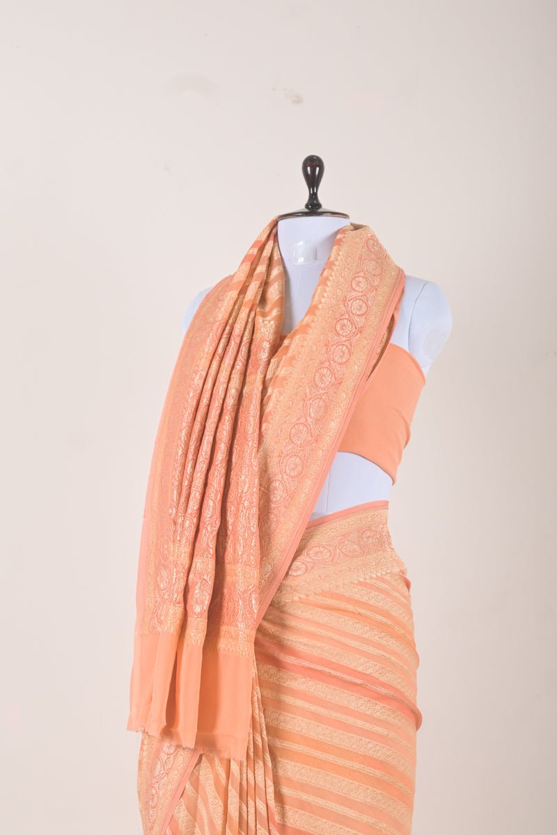 Peach Handwoven Georgette Khaddi Saree - Chinaya Banaras