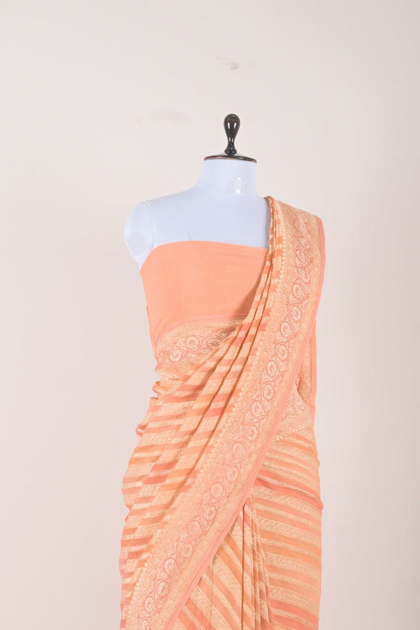 Peach Handwoven Georgette Khaddi Saree - Chinaya Banaras