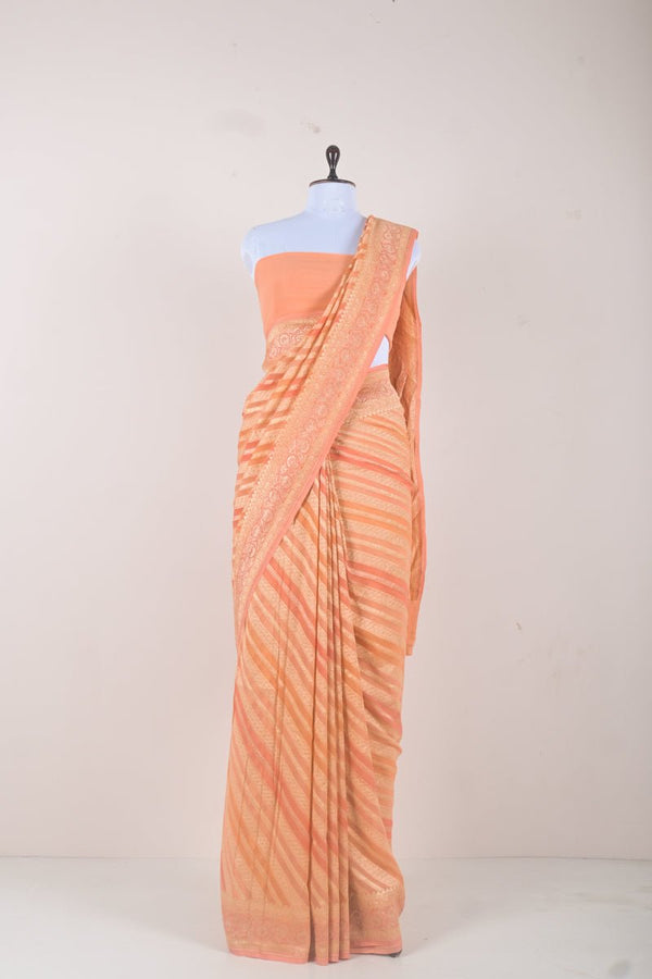 Peach Handwoven Georgette Khaddi Saree - Chinaya Banaras