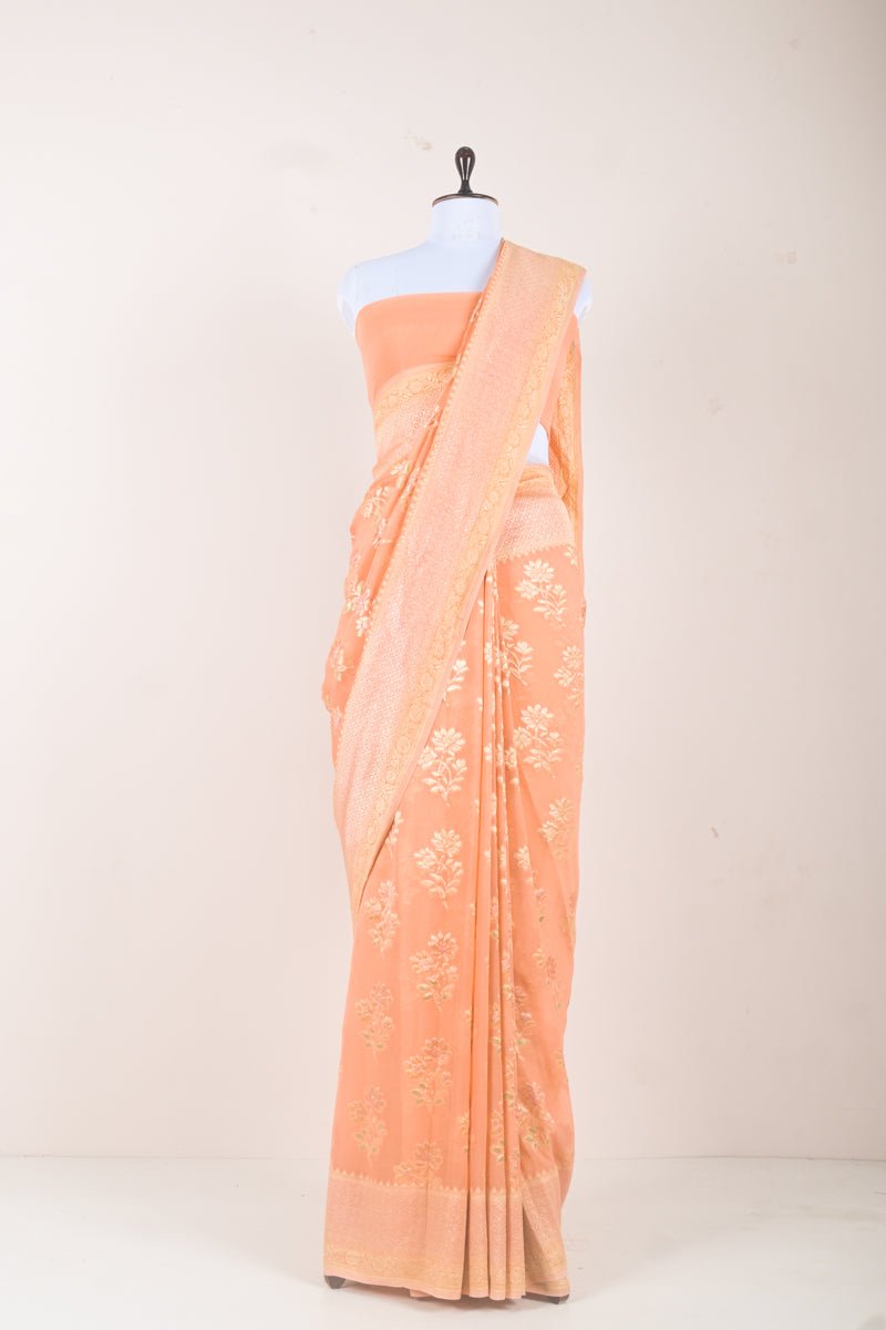 Peach Handwoven Georgette Khaddi Silk Saree - Chinaya Banaras