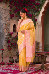 Peachy Glitter Yellow Banarasi Organza Silk Saree - Chinaya Banaras
