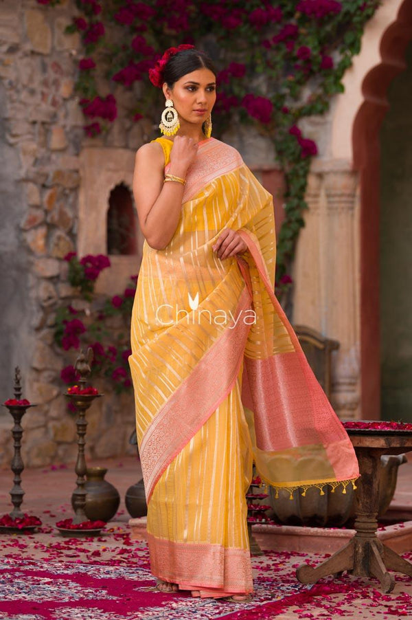 Peachy Glitter Yellow Banarasi Organza Silk Saree - Chinaya Banaras