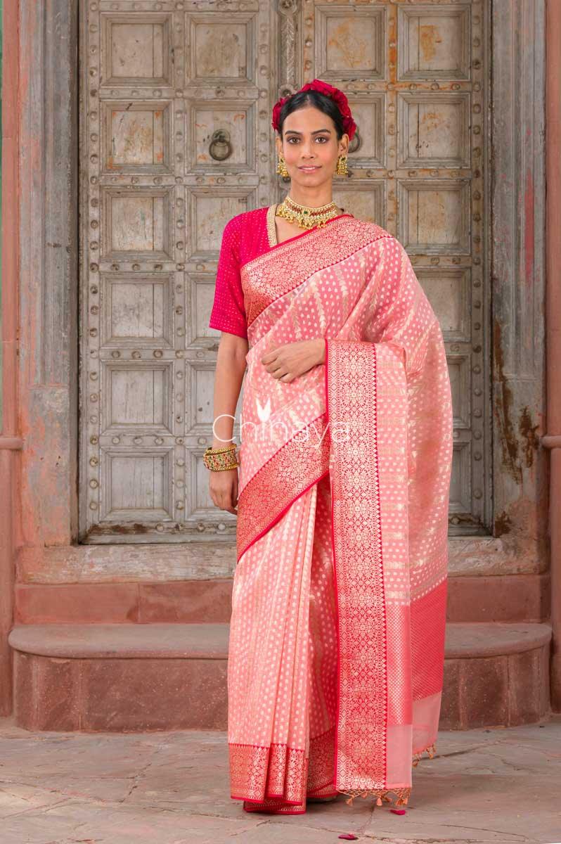 Women In Peachy Pink Banarasi Organza Silk Saree At  Chinaya Banaras