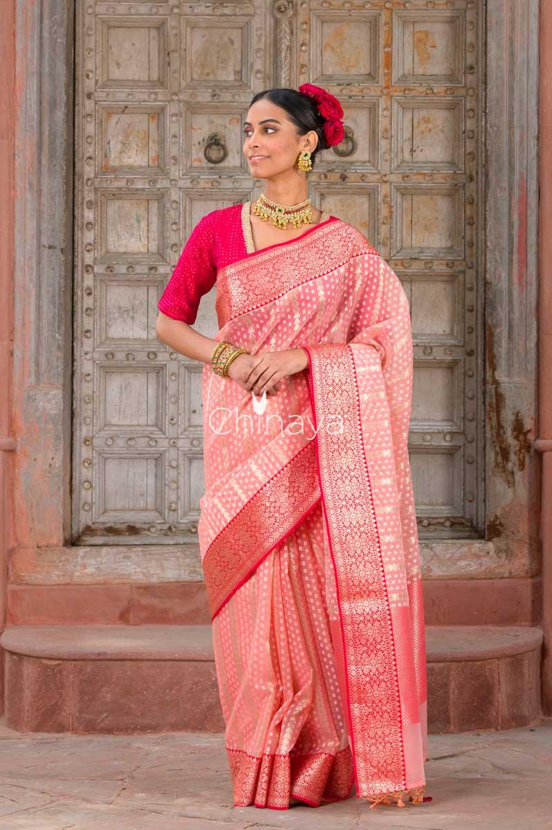 Peachy Pink Banarasi Organza Silk Saree - Chinaya Banaras