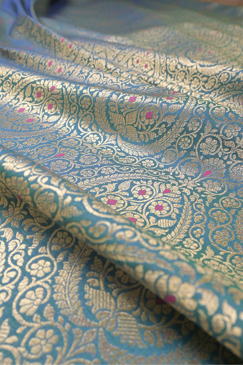 Peacock Blue Handwoven Banarasi Silk Fabric - Chinaya Banaras