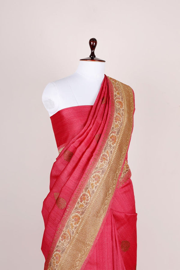Pink Handwoven Tussar Silk Saree - Chinaya Banaras