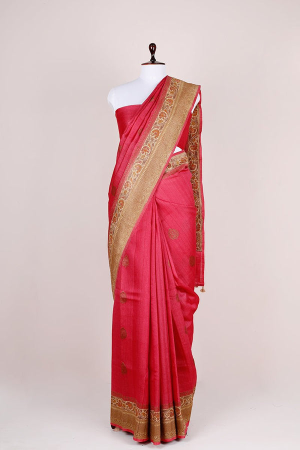 Pink Handwoven Tussar Silk Saree - Chinaya Banaras
