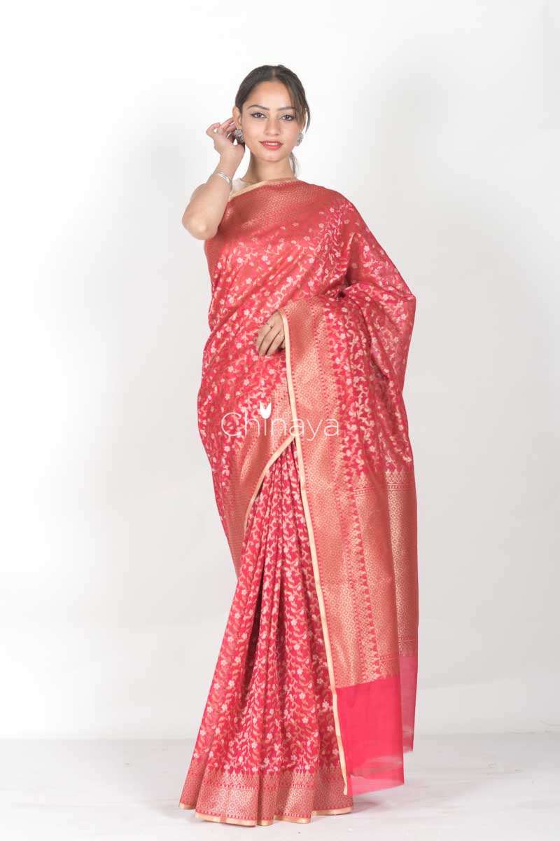 Pink Woven Jaal Banarasi Cotton Saree - Chinaya Banaras