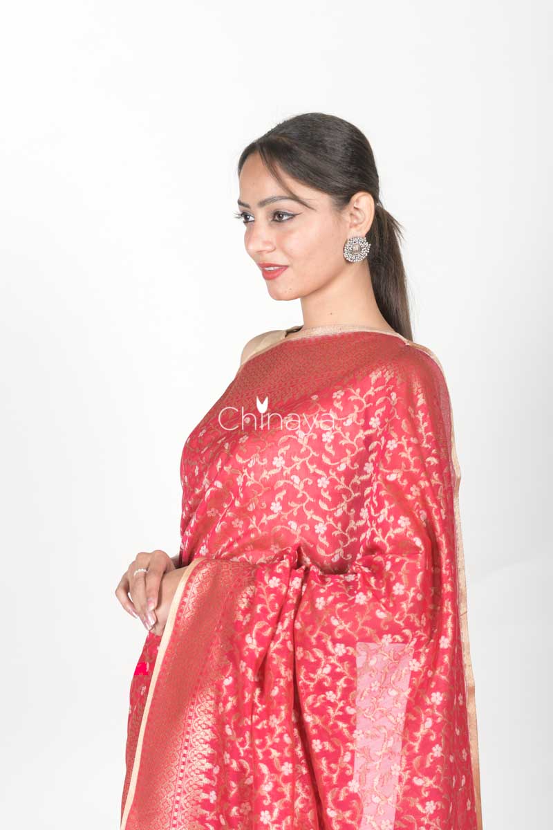 Pink Woven Jaal Banarasi Cotton Saree - Chinaya Banaras