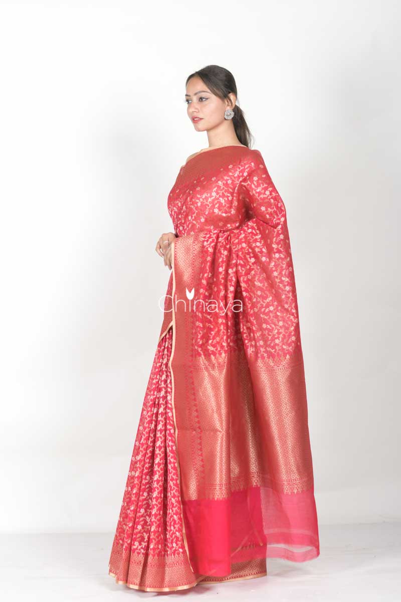 Pink Woven Jaal Banarasi Cotton Saree - Chinaya Banaras