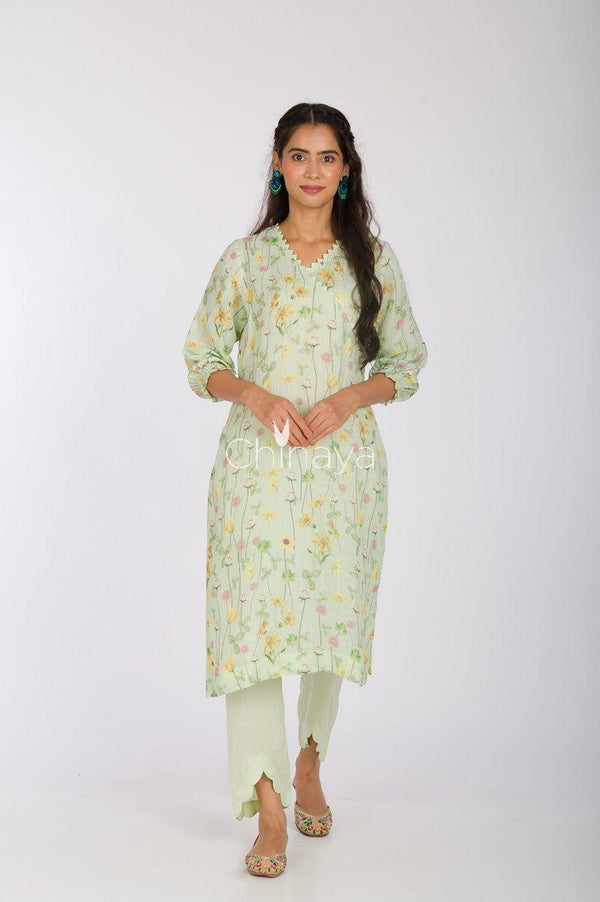 Pista Green Digital Printed Linen Kurta Pant suit Set by Chinaya Banaras
