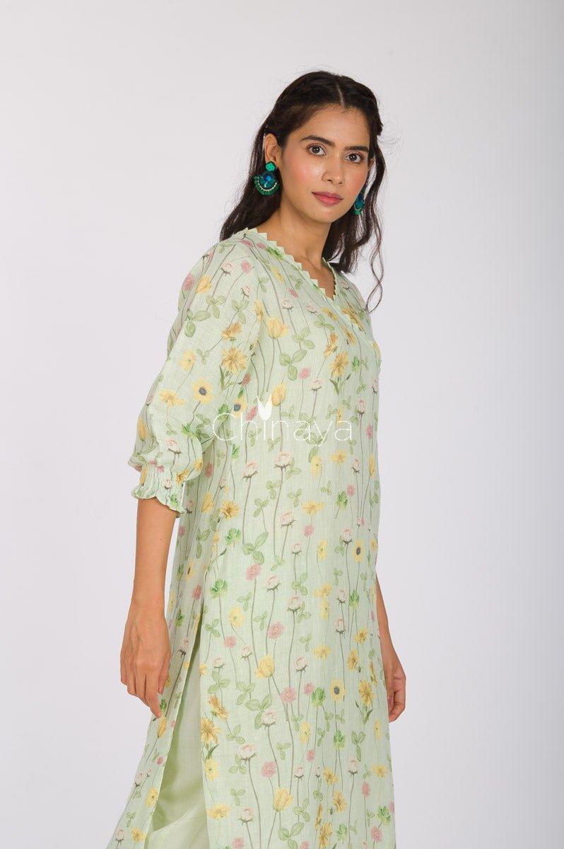 Pista Green Digital Printed Linen Kurta Pant Set - Chinaya Banaras