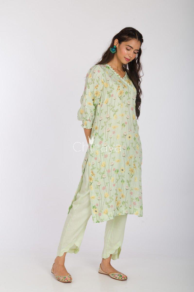 Pista Green Digital Printed Linen Kurta Pant Set - Chinaya Banaras