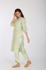 Pista Green Digital Printed Linen Kurta Pant Set - Chinaya Banaras
