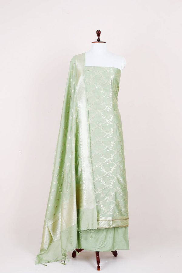 Pistachio Green Handwoven Mulberry Silk Dress Material - Chinaya Banaras