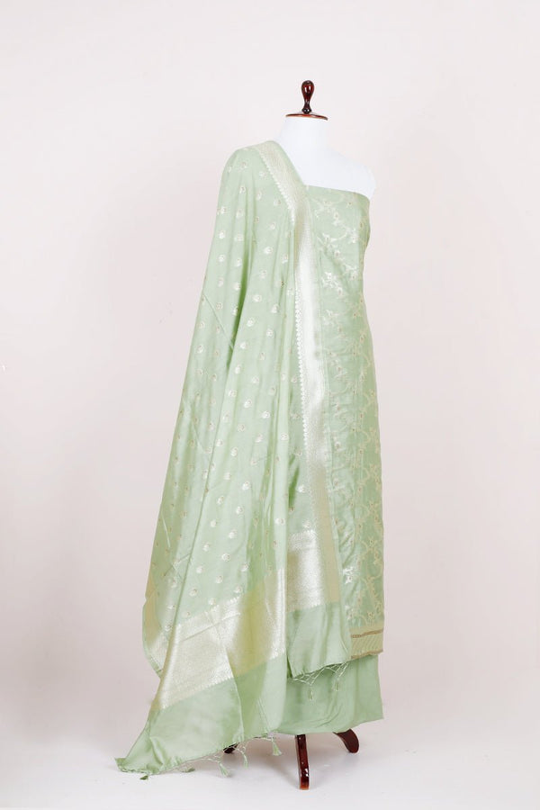Pistachio Green Handwoven Mulberry Silk Dress Material - Chinaya Banaras