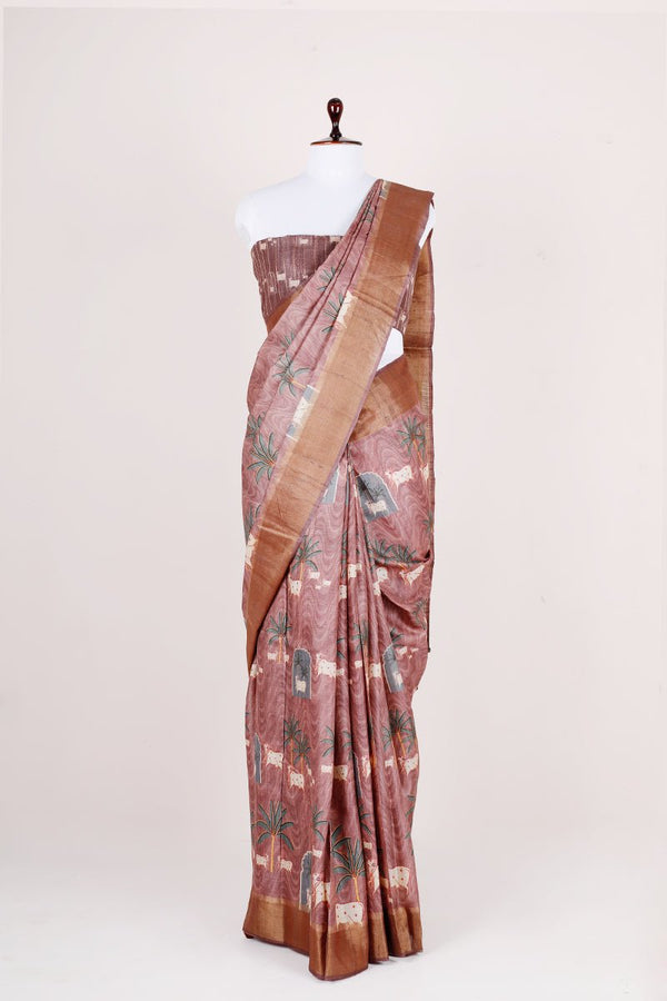 Plum Pichwai Printed Tussar Silk Saree - Chinaya Banaras