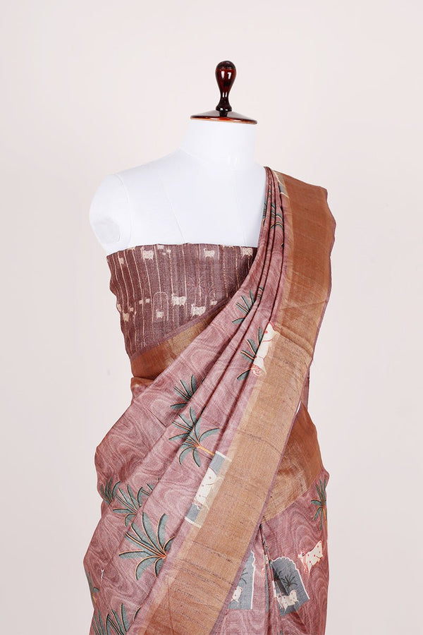 Plum Pichwai Printed Tussar Silk Saree - Chinaya Banaras