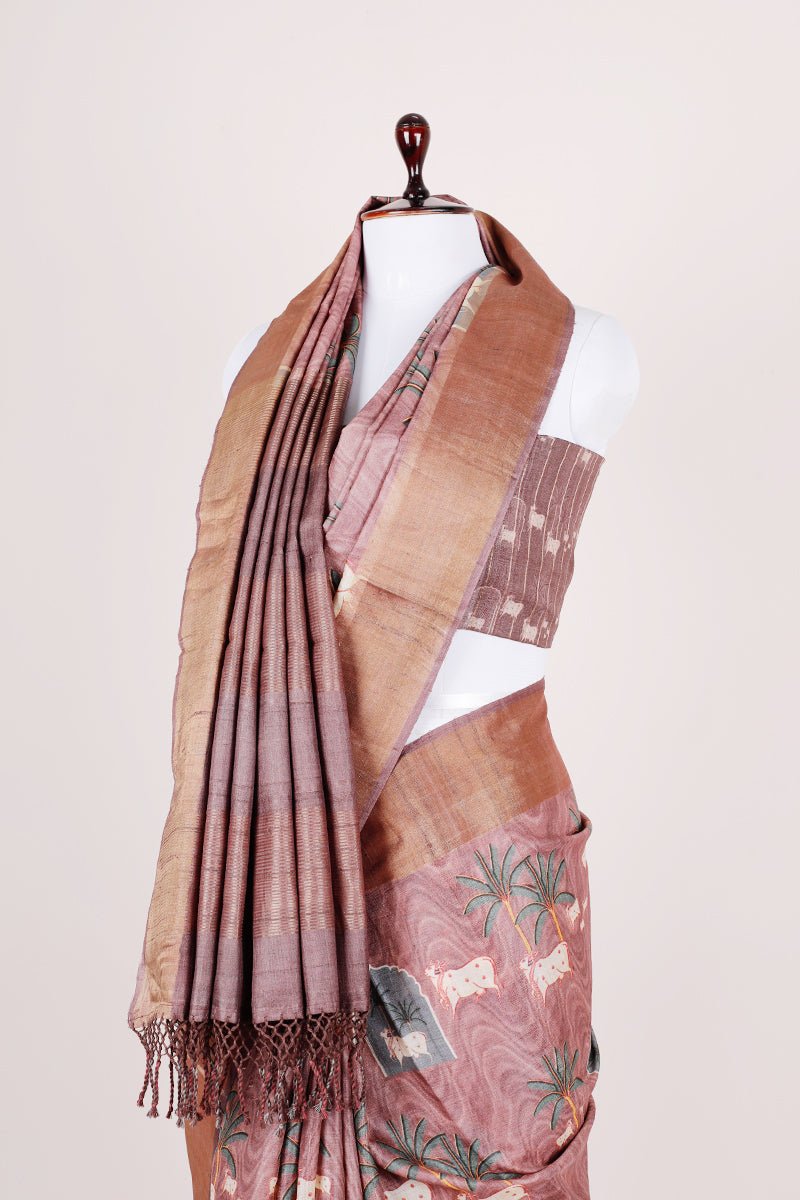 Plum Pichwai Printed Tussar Silk Saree - Chinaya Banaras
