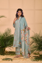 Powder Blue Floral Printed Linen Suit Set - Chinaya Banaras