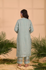 Powder Blue Floral Printed Linen Suit Set - Chinaya Banaras