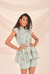 Powder Blue Floral Printed Modal Short Dress - Chinaya Banaras