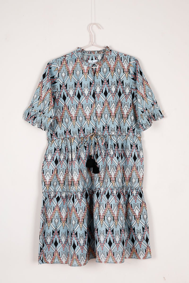 Powder Blue Geometrical Printed Cotton Dress - Chinaya Banaras