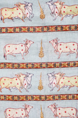 Powder Blue Pichwai Printed Linen Dupatta - Chinaya Banaras
