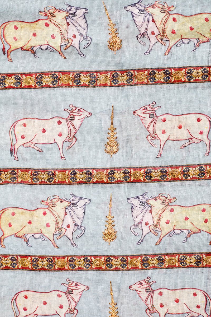 Powder Blue Pichwai Printed Linen Dupatta - Chinaya Banaras