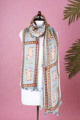 Blue Pichwai Printed Linen Dupatta At Chinaya Banaras