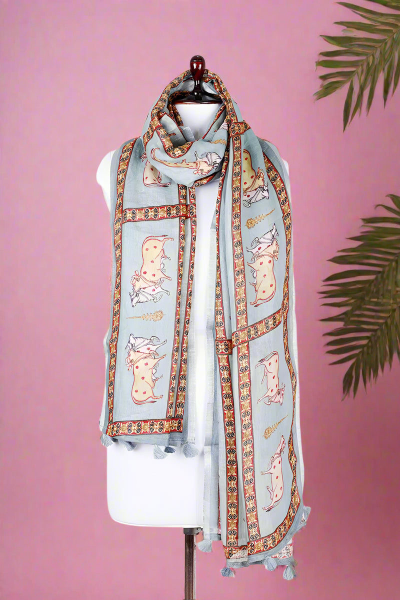 Blue Pichwai Printed Linen Dupatta At Chinaya Banaras