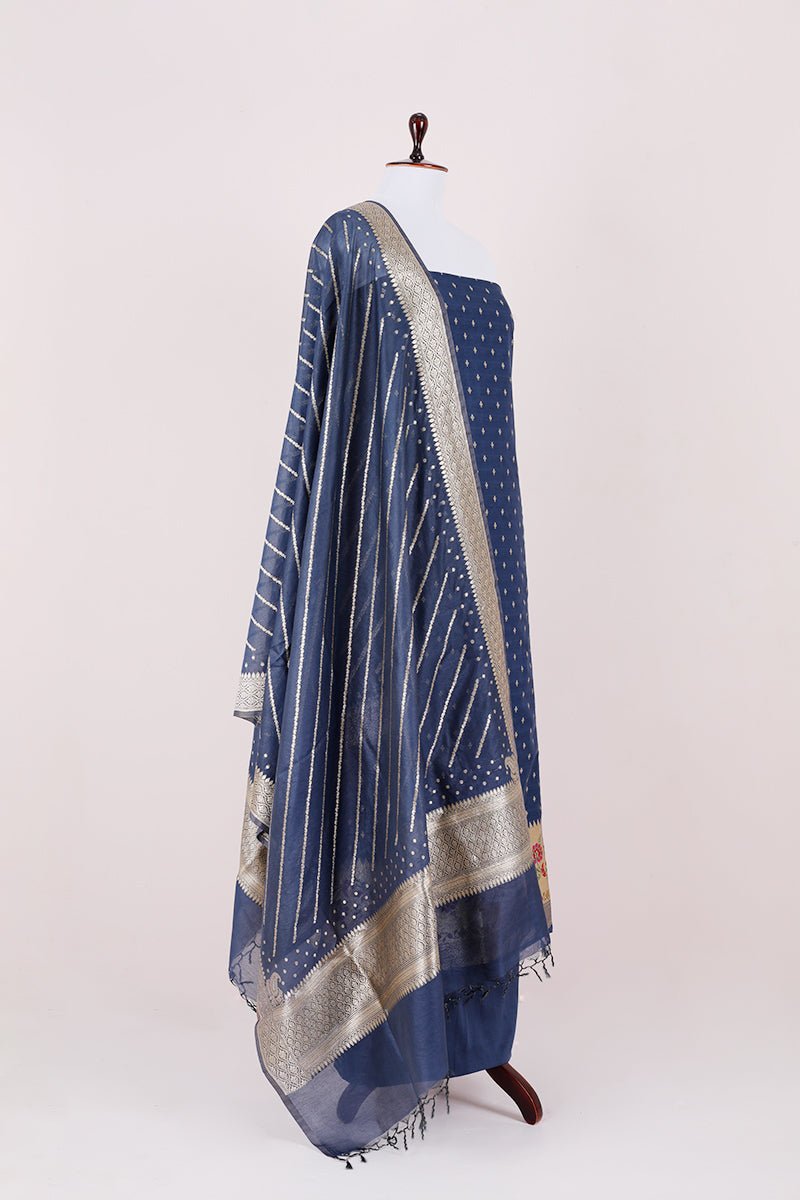 Prussion Blue Handwoven Chanderi Silk Dress Material - Chinaya Banaras