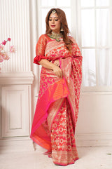 Punch Pink Meenadar Handwoven Banarasi Silk Saree - Chinaya Banaras