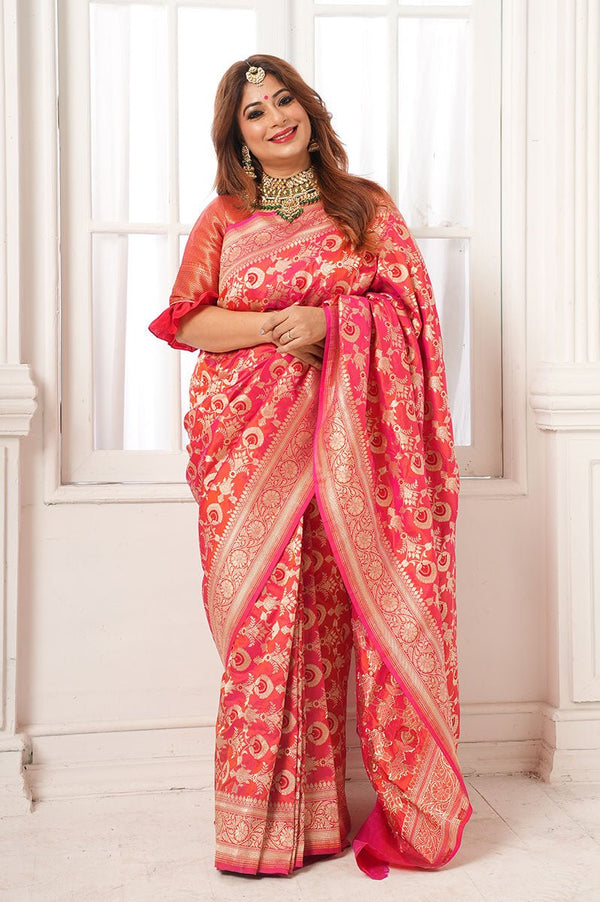 Punch Pink Meenadar Handwoven Banarasi Silk Saree - Chinaya Banaras