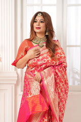 Punch Pink Meenadar Handwoven Banarasi Silk Saree - Chinaya Banaras