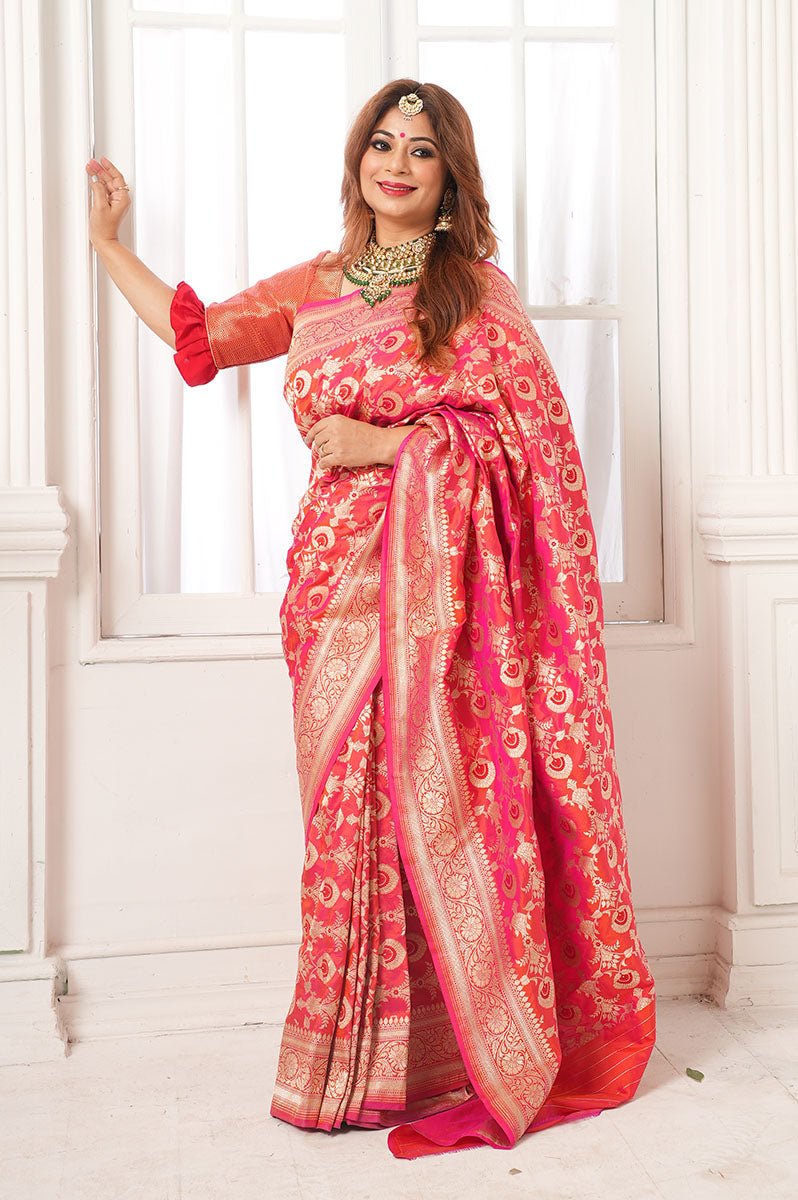 Indian women draped beautifully Punch Pink Meenadar Handwoven Banarasi Silk Saree by chinaya banaras