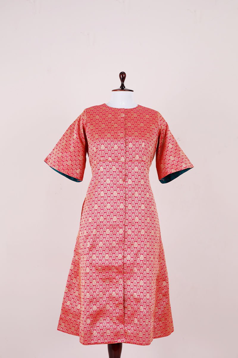 Punch Pink Woven Brocade Banarasi Silk Dress - Chinaya Banaras