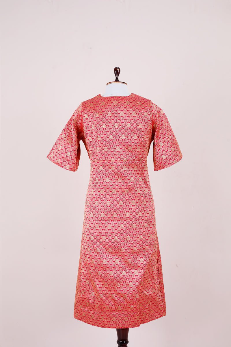 Punch Pink Woven Brocade Banarasi Silk Dress - Chinaya Banaras