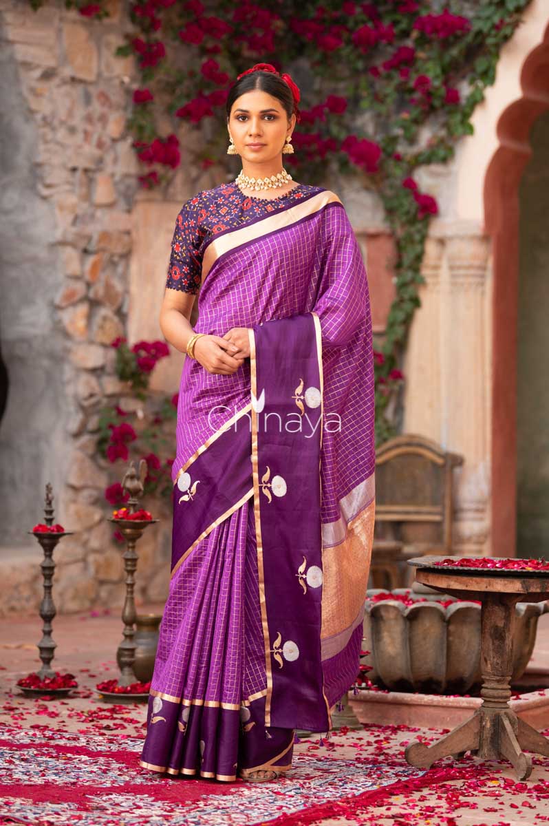 Indian women draped  beautifully Purple Delight Woven Banarasi Silk Saree by chinaya banaras