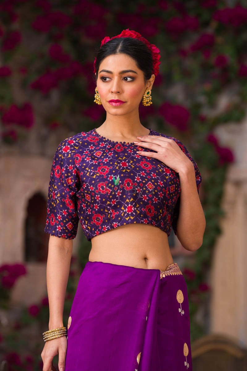 Purple Patola Printed Dupion Silk Blouse - Chinaya Banaras