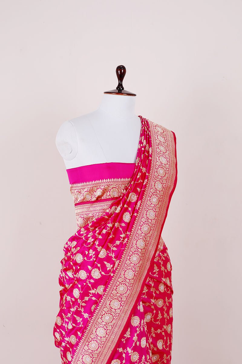 Rani Pink Floral Jaal Handwoven Banarasi Silk Saree - Chinaya Banaras