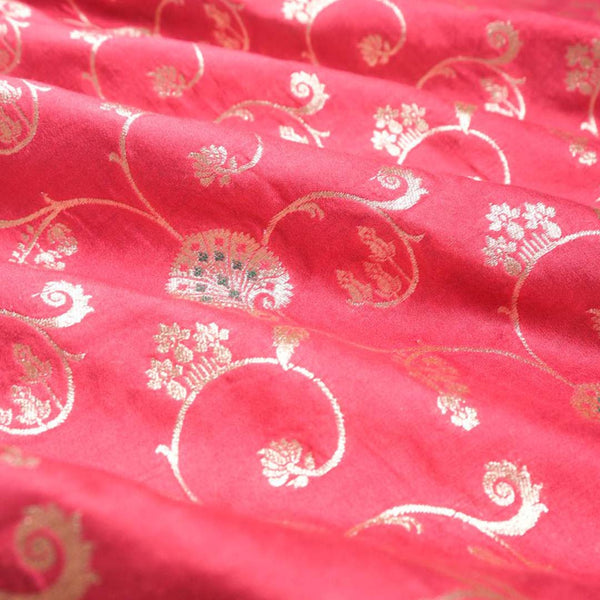 Pink Floral Jaal Handwoven Mulberry Silk Fabric At Chinaya Banaras