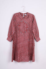 Red & Grey Woven Chekered Cotton Dress - Chinaya Banaras