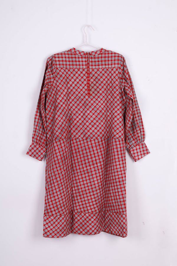 Red & Grey Woven Chekered Cotton Dress - Chinaya Banaras