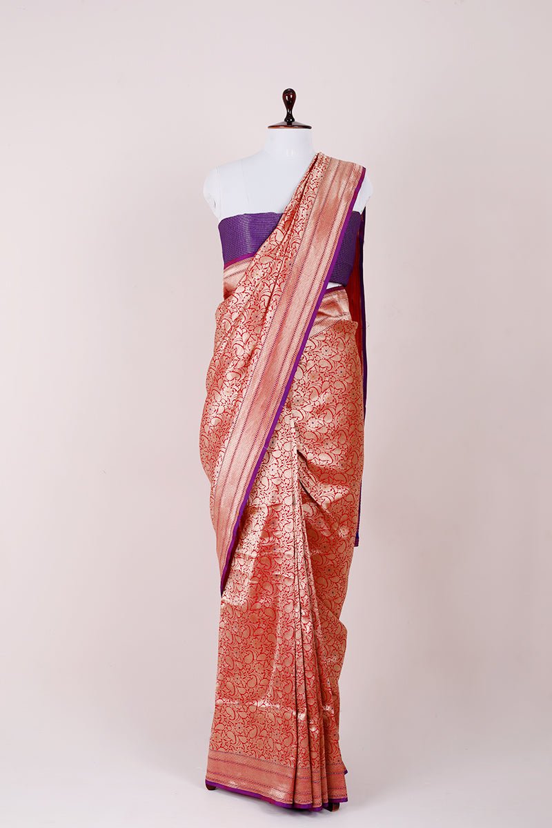 Red Handwoven Brocade Banarasi Silk Saree - Chinaya Banaras