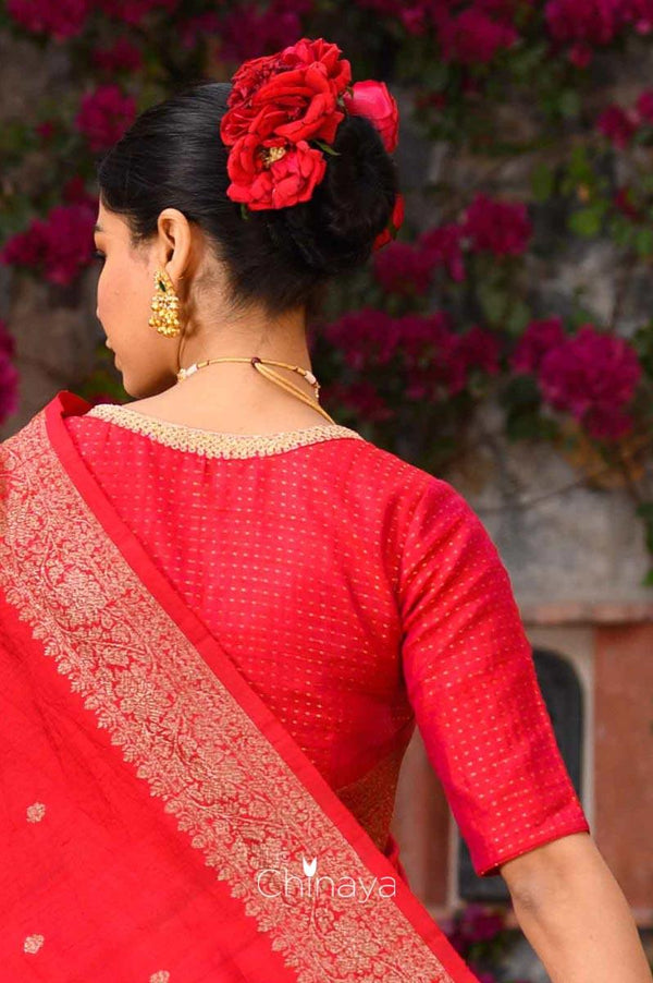 Red Handwoven Deep Neck Dupion Silk Blouse - Chinaya Banaras