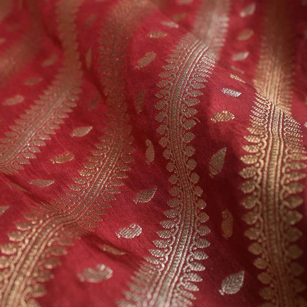 Red Striped Handwoven Banarasi Silk Than