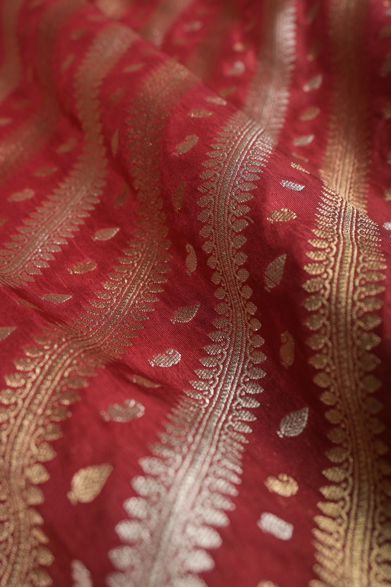 Red Striped Handwoven Banarasi Silk Than - Chinaya Banaras